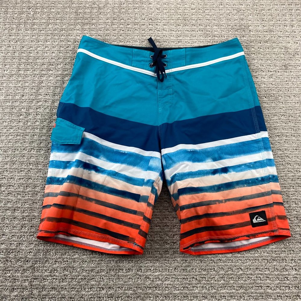 QUIKSILVER Swim Trunks Men 34 Blue Teal Orange Striped Bathing Suit Board Shorts